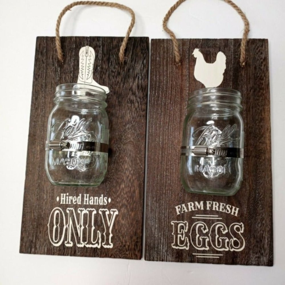 Primitive Farm Country Wood & Mason Jar Plaques